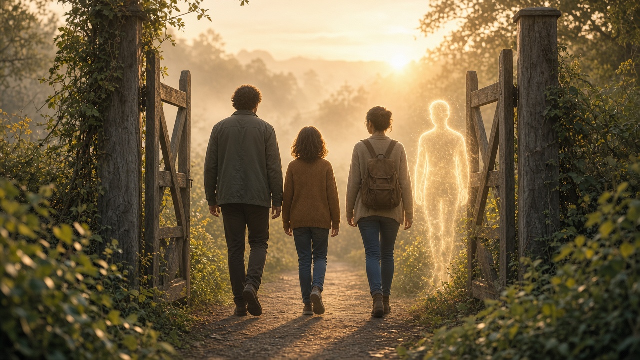 People at an open threshold with a luminous companion presence, walking into soft dawn light